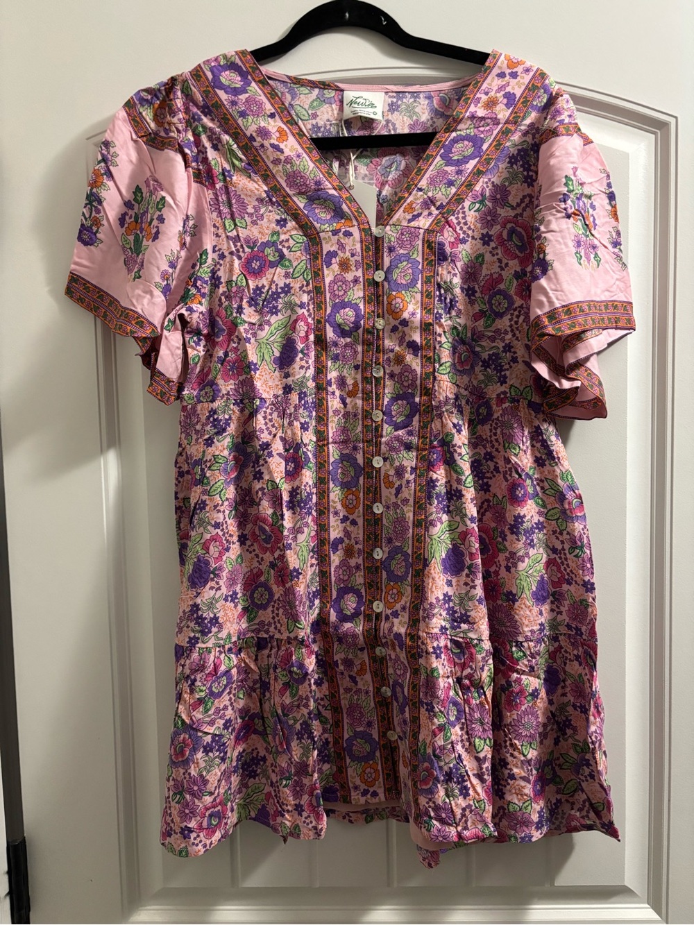 Villa Pink Floral Button-Front Tunic Dress with Purple & Green Accents